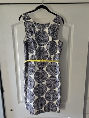 The Limited Navy and White Geometric Midi Dress with Yellow Belt, Tall 10